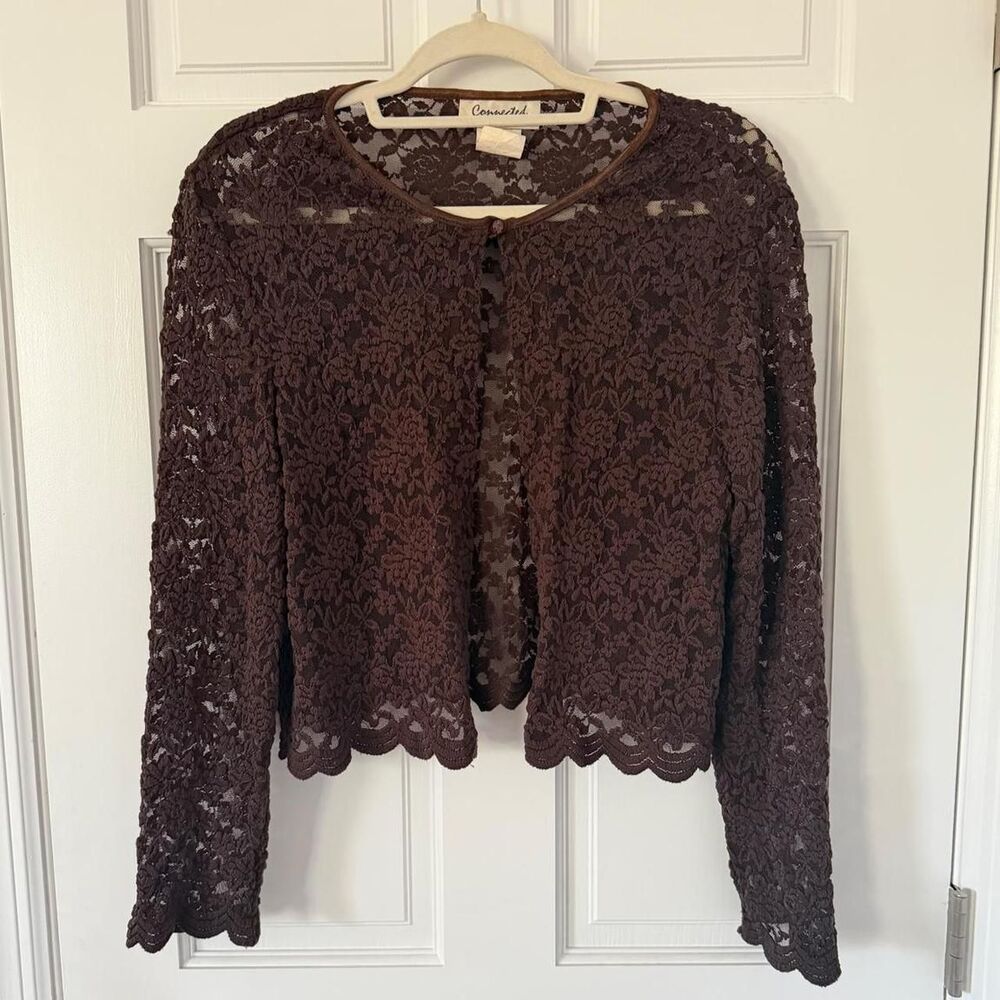 vintage y2k boho indie cottage coquette brown lace long sleeve cardigan top
